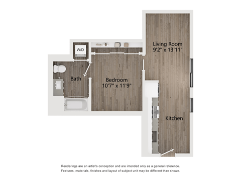 Floor plan for 1 bed, 1 bath, 581 sqft